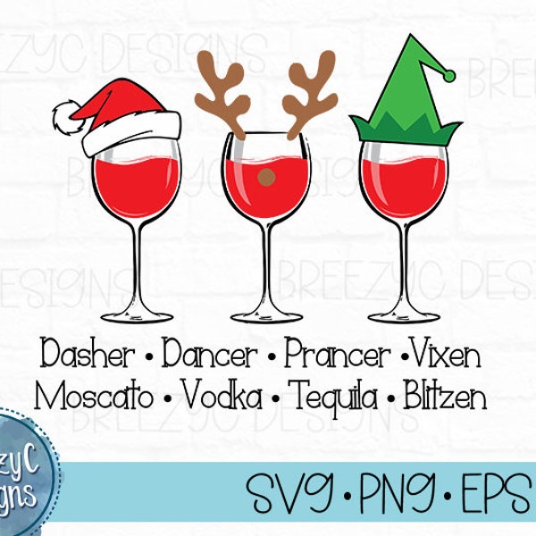 Christmas Wine Glass Reindeer Names  svg, eps  dxf, png, Instant Download, Holiday Cut File