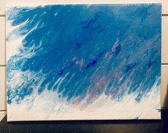 May include: Abstract canvas art with a fluid design in shades of blue and white, with touches of pink. The artwork has a wave-like pattern. The rectangular canvas is mounted on a wooden frame, suitable for wall display.