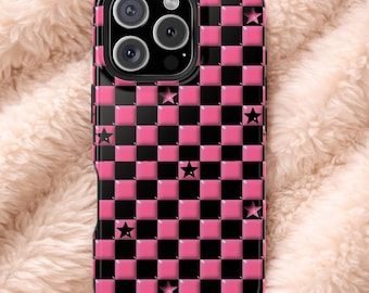 Funda gótica Y2K para iPhone y Samsung - Diseño de cuadros con estrellas rosas y negras