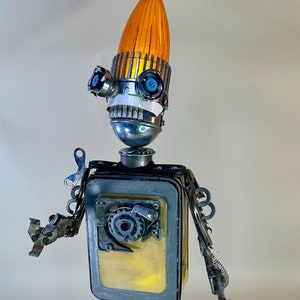 Found Object Robot Assemblage Sculpture &quot;Mr. Butters&quot; with USB LED light up Cone Head