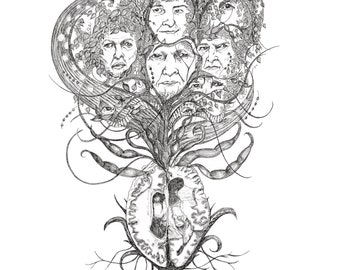 May include: Black and white line drawing of a tree with five faces in the branches. The faces are all different and have unique expressions. The tree has a thick trunk and many branches. The drawing is done in a realistic style.