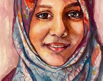 Peinture originale d’aquarelle d’illustration - femme dans l’écharpe de beaucoup de couleurs