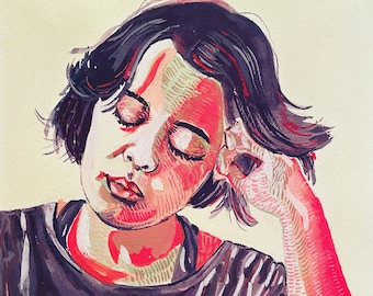 May include: A watercolor painting of a person with short, dark hair. The person is wearing a dark grey shirt and has their hand resting on their cheek. The background is a light yellow.
