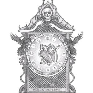 May include: Detailed black and white illustration of a clock with a skull at the top and a heart in the center. Two ravens flank the clock face, and the text "Media vita in morte sumus" is at the bottom. The clock face has Roman numerals.