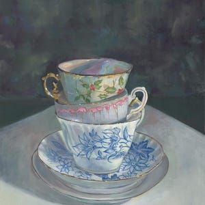 Signed, Giclée, Fine Art Print of an Original Oil Painting, &quot;Tower of Teacups&quot;
