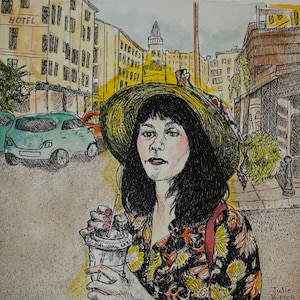 Original Ink and Watercolor Cityscape Artwork, "Sunshine Hat"