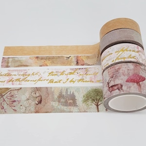 Betoverd Scandinavisch bos washi-tape set van 4 rollen voor vintage plakboeken, knutselen, decoupage en decoratie