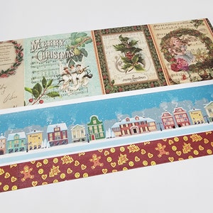 Zestaw taśm washi w stylu vintage, świątecznym, zimowym. Bardzo szerokie taśmy z motywem piernikowych ludzików, śnieżnej wioski i scen wiktoriańskich