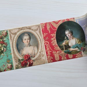 May include: A decorative paper strip with vintage portraits of women in oval frames and round vignettes. The strip features a teal floral and wreath design, a red floral pattern, and a lavender and floral design. The portraits are in the style of classical paintings.
