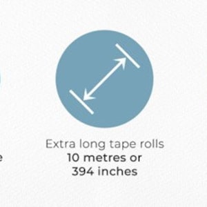 May include: Three light blue circular icons with white text. The first icon says "Leaves no sticky residue when removed". The second icon says "Extra long tape rolls 394 inches". The third icon says "Creates an even, bubble free finish easily".