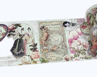 Puede incluir: Una cinta washi de estilo vintage con un diseño floral con querubines, pájaros y texto en francés. La cinta está enrollada y lista para usar.