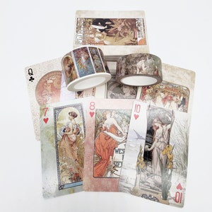 Art Nouveau Vintage Artist Alphonse Mucha 54 różne karty do gry i zestaw taśmy washi do pokera, gier, prezentów i dekoracji imprezowych