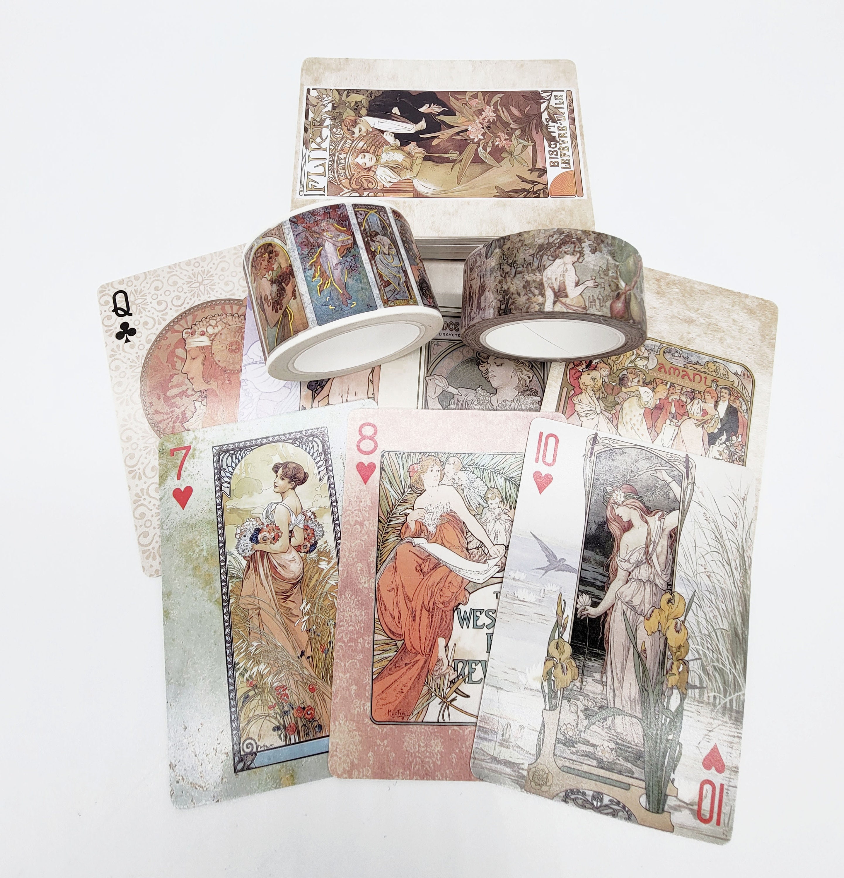 Art Nouveau Vintage Artist Alphonse Mucha 54 Different Playing Cards and washi Tape Set for Poker, Games, Gifts and Party Decorations