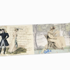 Taśma washi Jane Austen romantyczna, vintage, EXTRA SZEROKA, 4 cale / 10 cm. 10 metrów długości, idealna do albumów, dzienników, rękodzieła, obramowań tapet, prezentów