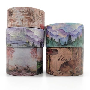 Juego de 5 rollos de cintas washi de naturaleza con motivos de bosque y montaña, extra largas, de 10 metros, para diarios, álbumes de recortes, manualidades y envoltura de regalos