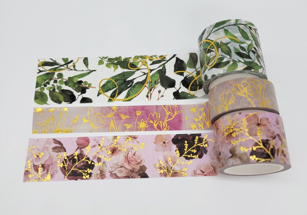 Japanese Gold Foil Floral Roses Metallic Washi Sticker Tape Set for Scrapbooks, Gift Wrapping