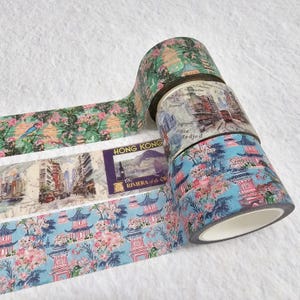 Fitas adesivas washi com tema vintage de Hong Kong - porto de HK, junco de vela chinês, pagodes de aquarela, pássaros. Para álbuns de recortes, diários, artesanatos