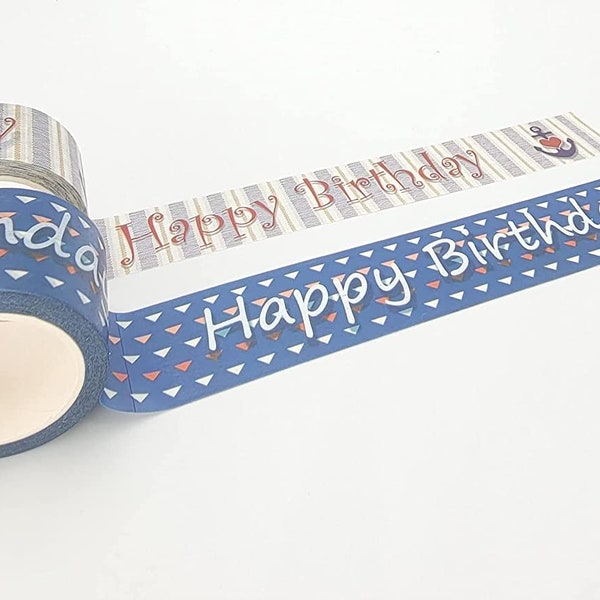 Happy Birthday washi Tape with Sea / Beach Theme. Set of 2 Rolls of Extra Long 394"/ 10 m Tapes