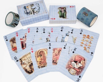 Blue Alice Playing Cards Deck with washi Tapes Set. for Party Decorations, Games, DIY, Crafts and Props