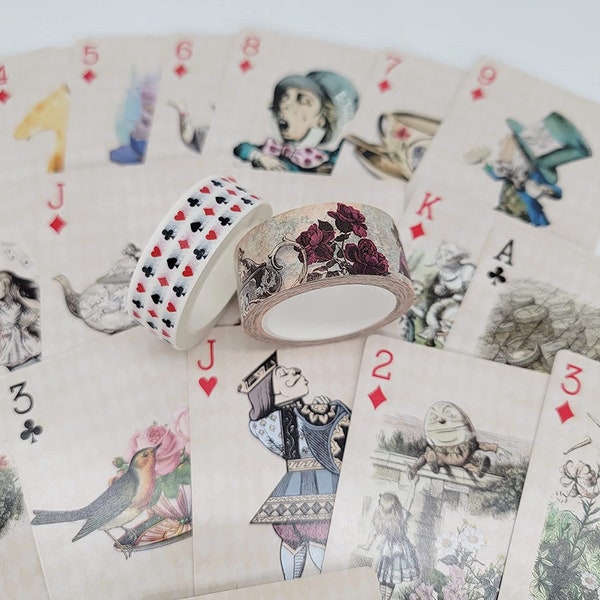 Alice in Wonderland Set of Playing Cards (Vintage Theme Playing Cards with Washi Tapes). For tea party table decor, poker card games