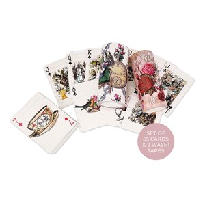 Vintage Alice's Adventures in Wonderland-speelkaarten en extra brede washitapes voor decoratie, plakboeken, tijdschriften, knutselen