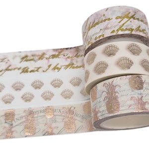 Serenity Fair washitapesets van goudfolie met vintage ananas, zeeschelpen en handschriftontwerpen
