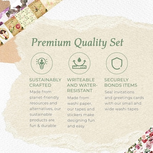 May include: A Premium Quality Set graphic with text describing sustainably crafted, writeable and water-resistant, and securely bonds items. The set includes washi tapes and stickers for invitations and greeting cards.