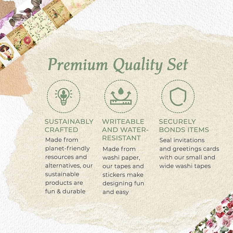 May include: A Premium Quality Set graphic with text describing sustainably crafted, writeable and water-resistant, and securely bonds items. The set includes washi tapes and stickers for invitations and greeting cards.