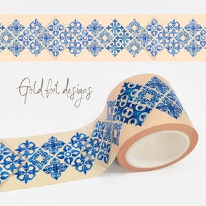 Goudfolie blauwe mediterrane tegels extra lange washi-stickertape [4 cm breed x 10 m lang (1,6 x 394 inch]] voor tijdschriften, decoratie en cadeaus