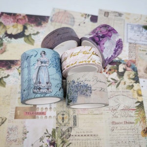 Set vintage washitapes en plakboekpapier met thema Jane Austen Regency. Extra lange tapes laten geen kleverige resten achter. Cottagecore-journaling