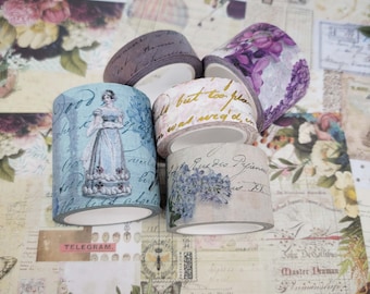 Vintage Jane Austen Regency Theme washi Tapes & Scrapbook Papers Set. Extra-Long Tapes Leave no Sticky Residue. Cottagecore journalling