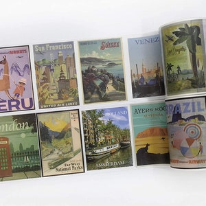 Set di washi tape con poster di viaggi nel mondo. Nastri extra larghi e lunghi. Per album di foto delle vacanze, decorazioni per feste "Bon Voyage", decoupage e artigianato.