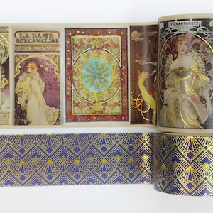 Alphonse Mucha Art Nouveau Gold foil washi Tape Set of 2 Rolls. Extra Wide & Long Tapes! For scrapbooks, crafts, DIY cards and decorating