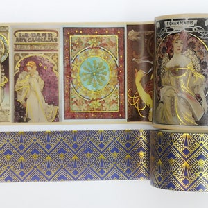 Alphonse Mucha Art Nouveau Złota folia washi Tape Zestaw 2 rolek. Taśmy ekstra szerokie i długie! Do albumów, rękodzieła, kartek DIY i dekoracji
