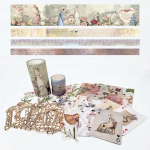 Fitas washi Jane Austen, molduras de adesivos recortados, cartas de baralho, papéis de colagem, conjunto de artesanato especial para diários, álbuns de recortes e decoração