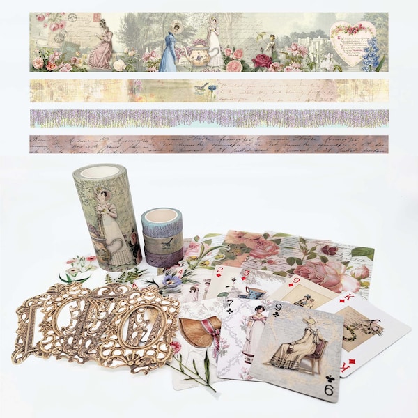 Jane Austen Washi Tapes, gestanzte Aufkleberrahmen, Spielkarten, Collage-Papiere, Bastelset für Journals, Scrapbooks und Dekorieren