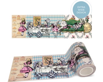 May include: A roll of washi tape featuring a whimsical illustration of Alice in Wonderland characters at a tea party. The tape has a blue and white checkered pattern and includes a white rabbit, Mad Hatter, and the Queen of Hearts. The tape is labeled "Extra Wide Design".