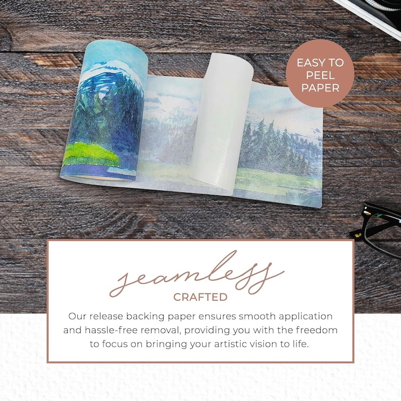 May include: A roll of landscape-printed paper with a mountain and forest scene. The paper is partially unrolled, revealing a white backing. Text on the image reads "EASY TO PEEL PAPER" and "seamless CRAFTED".