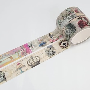 Set di nastri washi tape "Alice nel Paese delle Meraviglie" con collage e festa del tè. Multiuso: per album, confezioni regalo, fai da te e bullet journal. 10 metri di lunghezza.