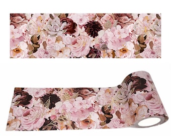 May include: Floral patterned washi tape featuring a watercolor design of pink, burgundy, and cream-colored flowers with gold accents. The tape is shown in a flat strip and a rolled-up form, showcasing the repeating pattern.