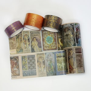 Deluxe Alphonse Mucha art nouveau washitapes met goudfolie, set van 5 rollen. EXTRA BREDE/LANGE bandjes!