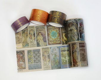 Deluxe Alphonse Mucha Art Nouveau Gold foil washi tapes set of 5 rolls. EXTRA WIDE / LONG tapes!