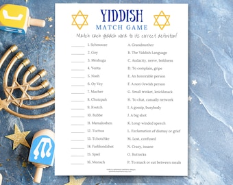 Yiddish Match Game, Jewish Game, Jewish Printable, Jewish Holiday Game, Hanukkah Party Game, Chanukah Printable Game, Yiddish Word Game