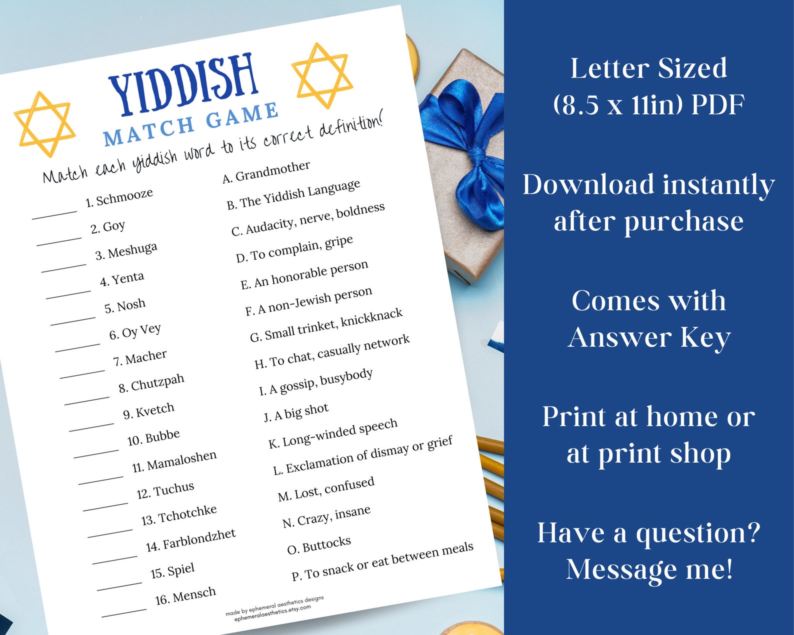 Yiddish Match Game, Jewish Game, Jewish Printable, Jewish Holiday Game