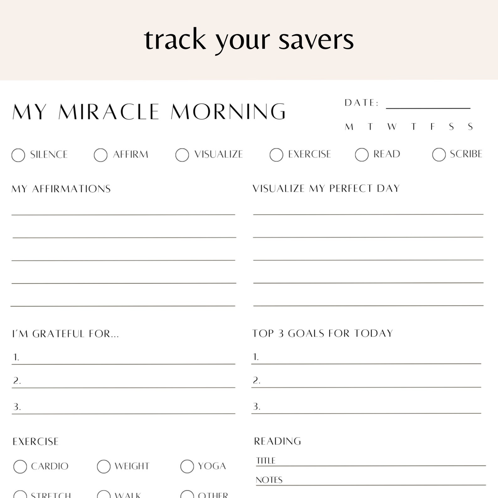 Miracle Morning Printable, Miracle Morning Journal, Miracle Morning