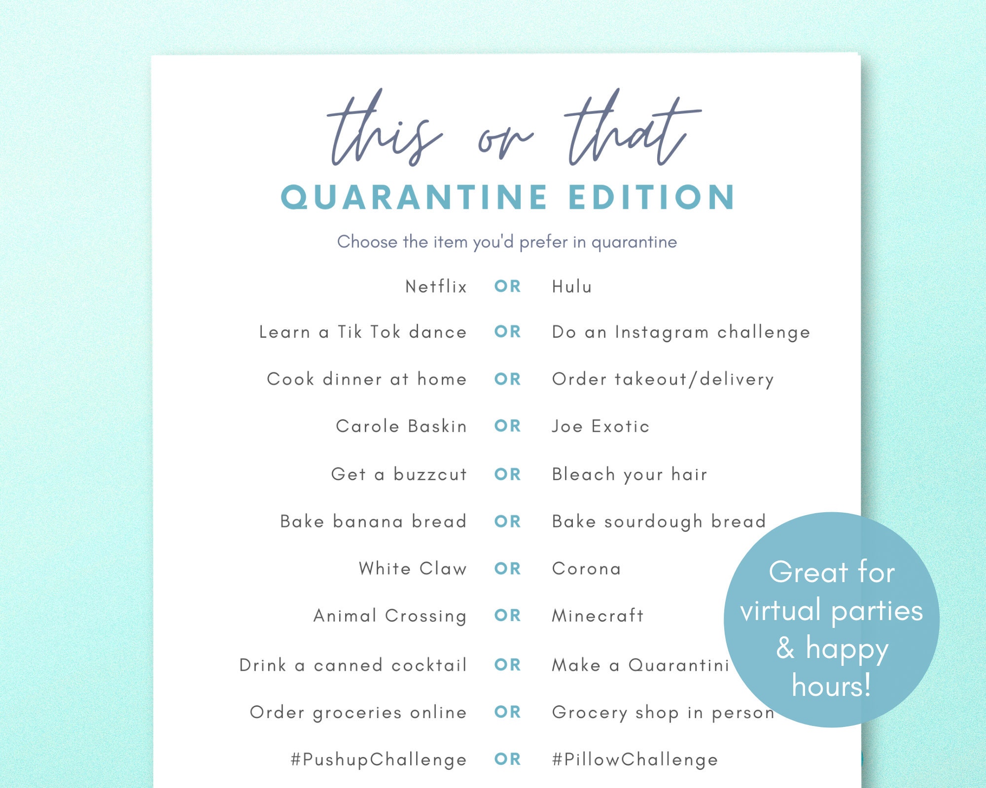 This or That Quarantine Game Quarantine Adult Game Virtual Etsy