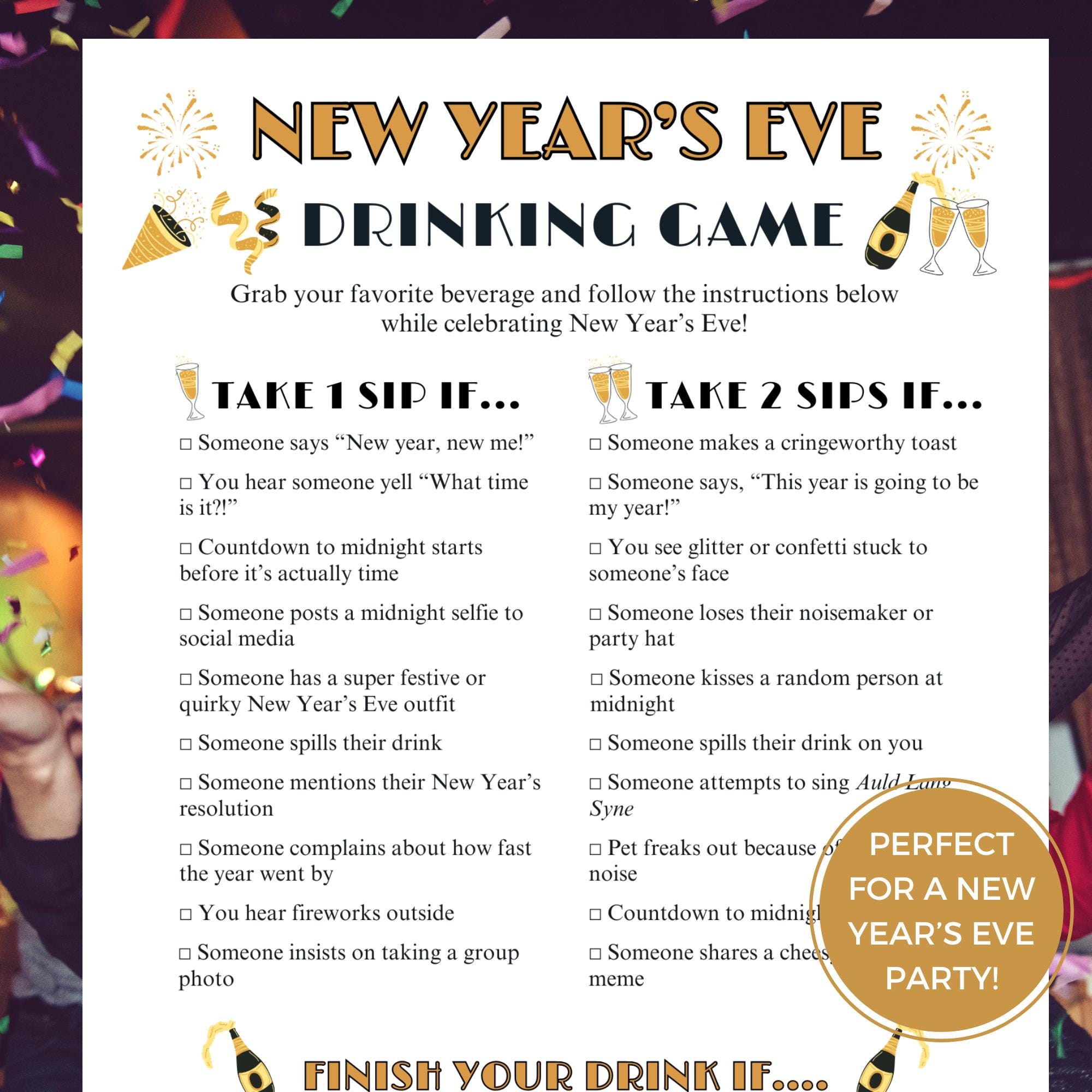 New Year's Eve Drinking Game, NYE Ball Drop Drinking Game, New Year 2025 Printable Drink If, New ...