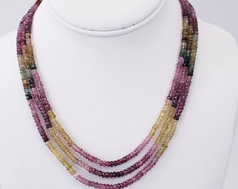 3 Strands Natural Multi Tourmaline Rondelle Faceted Beads, Watermelon tourmaline necklace October birthstone Tourmaline beads necklace