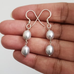 Grey Pearl Dangle Earrings, Handmade92.5 Silver and Oval shape Pearl Earrings. Gift for Her, Sterling Silver Pearl Earrings