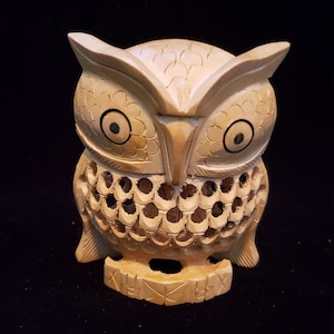 Baby Owl in MotherOwl, Hand carved Owl Wooden Statue, Halloween Decor, Big eyes Owl, 100% handmade ,Home Decor, Living room decor